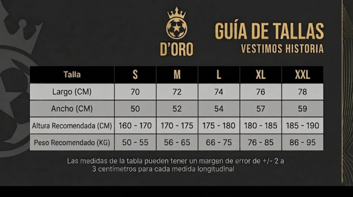 Tabla de tallas D&rsquo;Oro: medidas en centimetros por talla